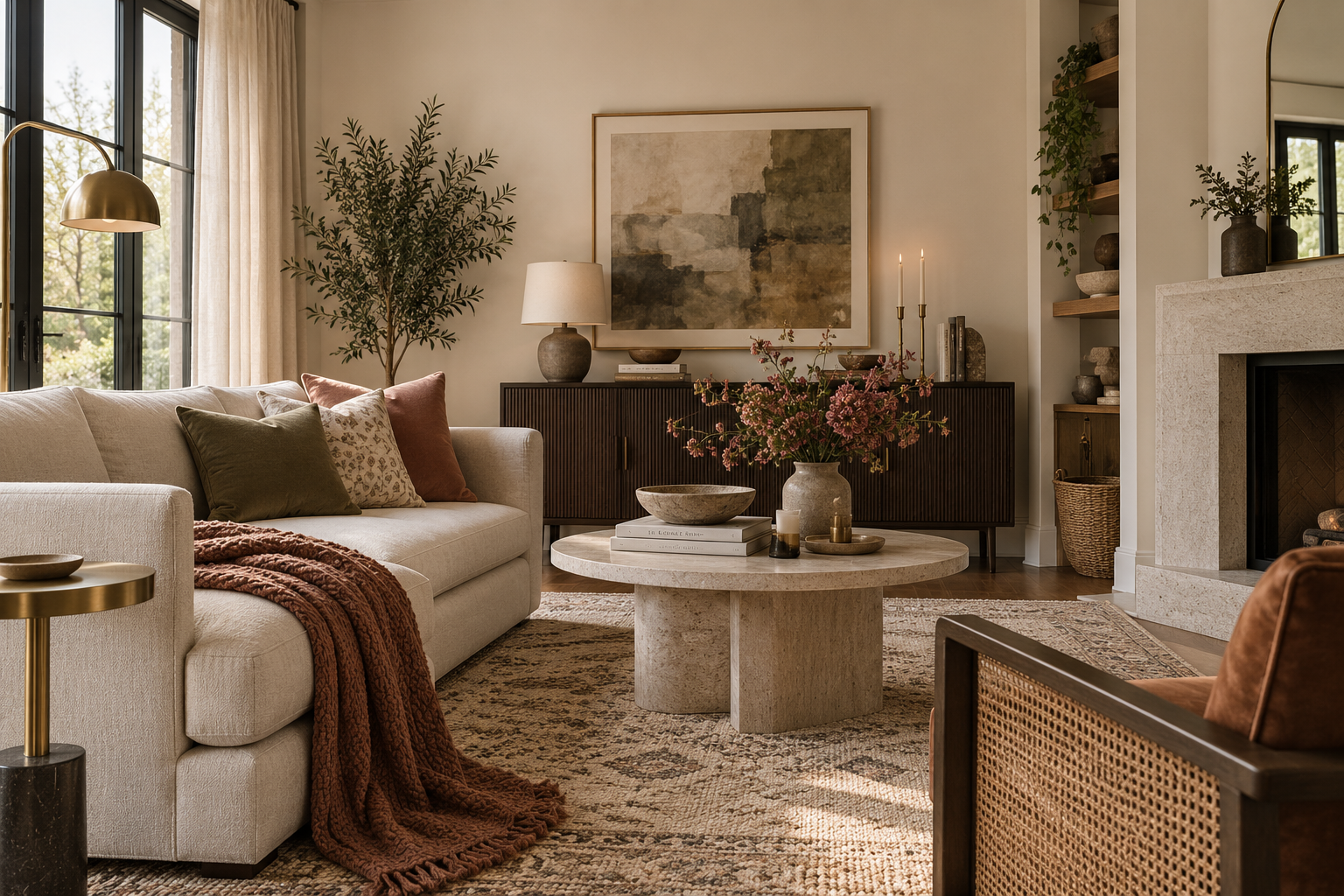 Warm living room design with a beige sofa, stone coffee table, fireplace, and layered neutral furnishings.