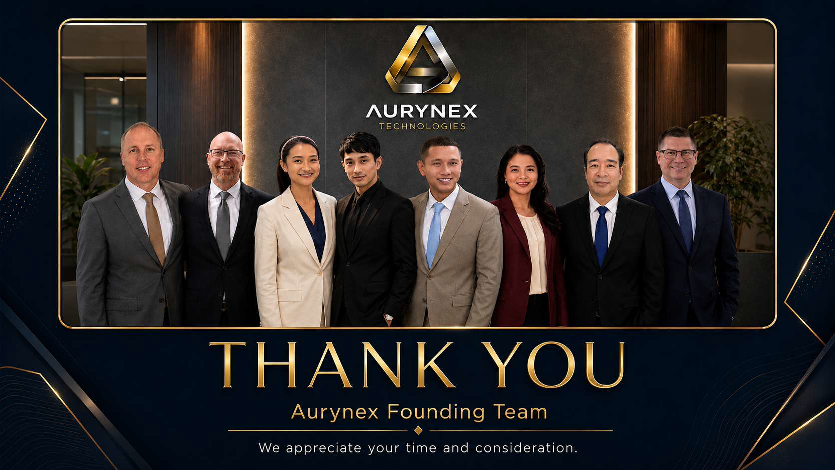 Group of eight professional people in business attire standing together, with a corporate office background and the AURNEX Technologies logo behind them, thanking viewers as the Aurnex Founding Team.