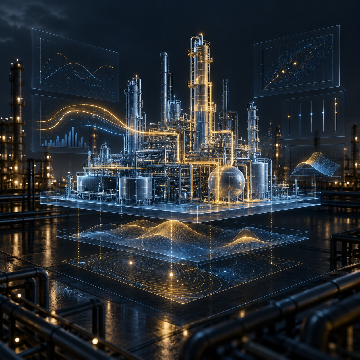 Industrial digital twin analyzing process relationships and operating constraints.