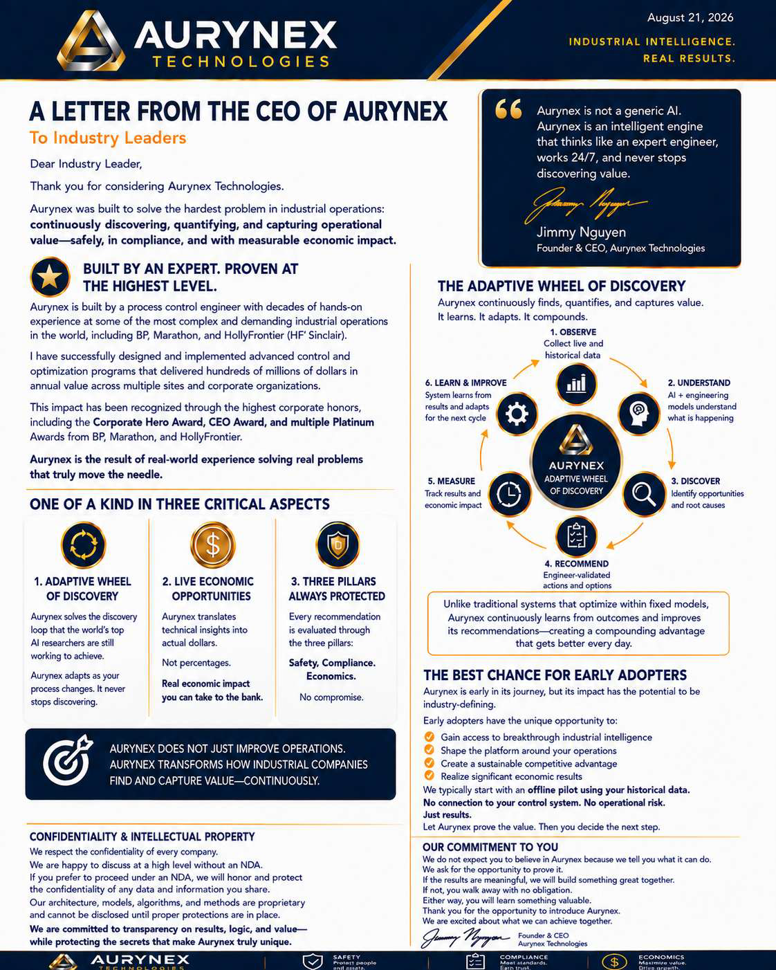 Informative letter from the CEO of Aurnex Technologies, dated August 21, 2026, highlighting the company's focus on industrial intelligence, adaptive discovery wheel, and commitment to transparency, confidentiality, and innovation with the signature of CEO Jimmy Nguyen.