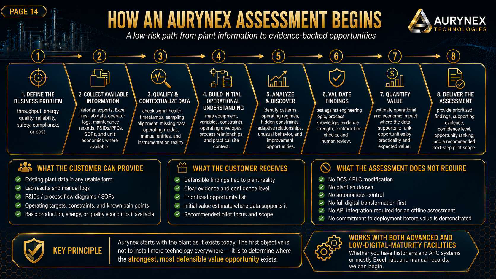 An infographic describing the steps for an Aurynex assessment process, from defining the business problem to delivering the assessment, with sections on customer inputs, outputs, and what the process does not require, along with principles and compat