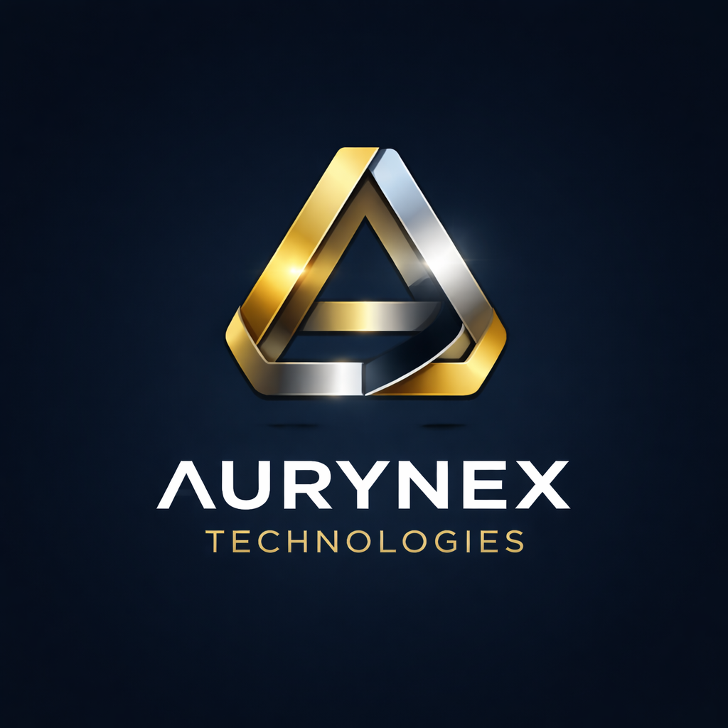 Aurynex Technologies logo featuring a 3D metallic triangular symbol in gold, silver, and dark tones with the text "AURYNEX TECHNOLOGIES" beneath it in white and gold on a dark background.