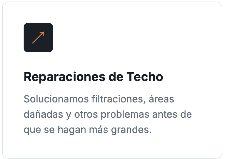 A service advertisement for roof repairs written in Spanish, featuring an upward arrow icon, with bold headline 'Reparaciones de Techo' and description about fixing leaks, damaged areas, and other problems before they worsen.