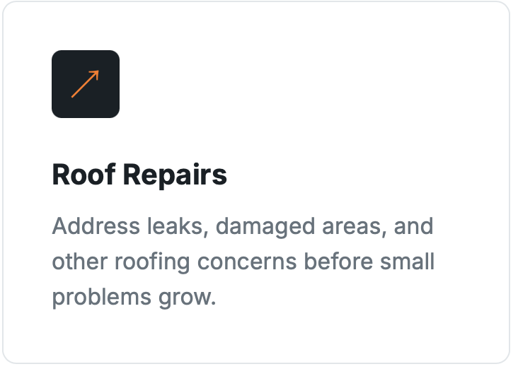 Icon of an upward pointing arrow with a black background, next to the heading 'Roof Repairs'.