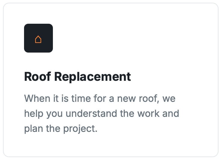 Icon of a house and text about roof replacement services, explaining they help understand the work and plan the project for a new roof.