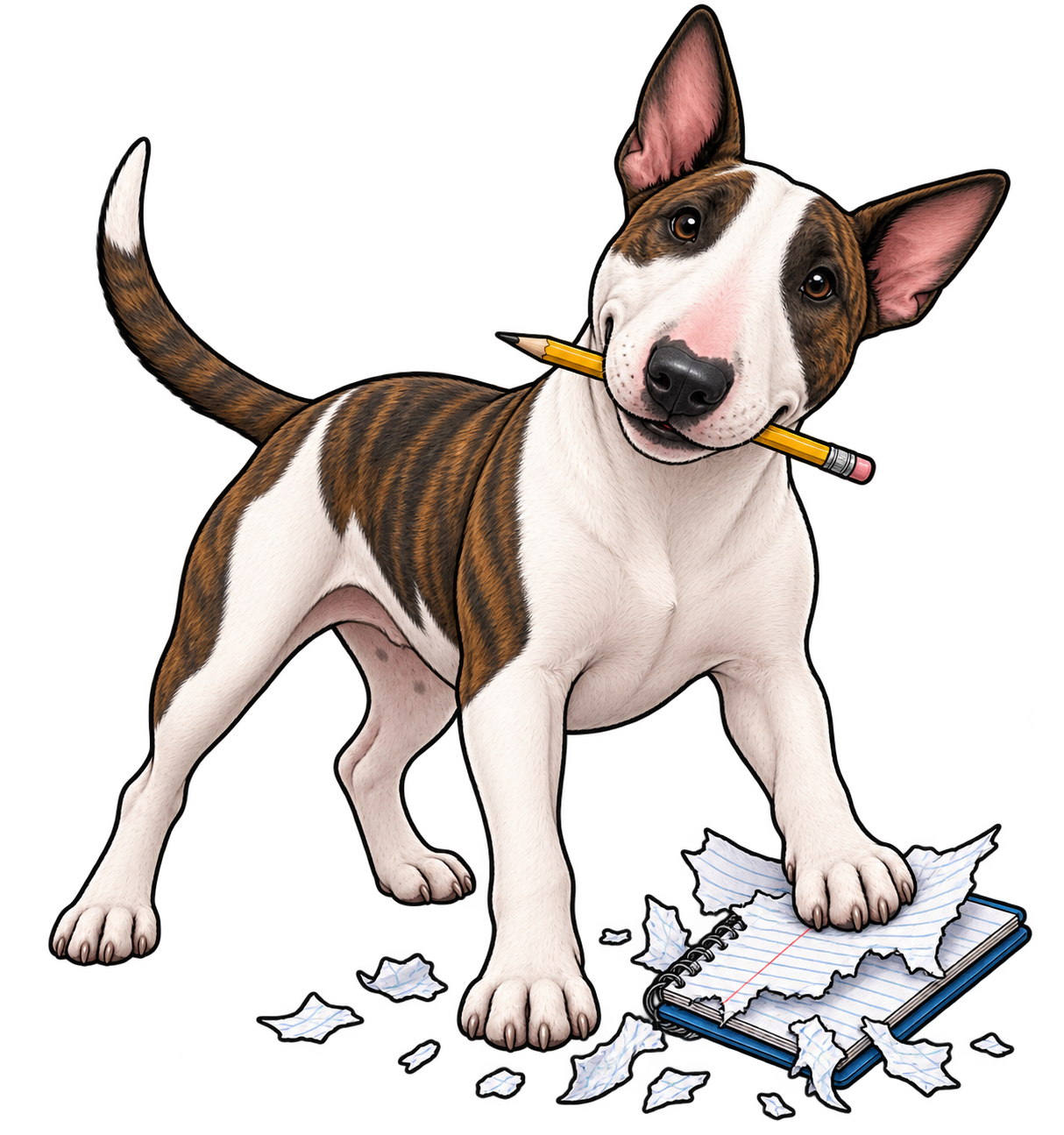 A dog with a checkered face and body, holding a pencil in its mouth, standing on a torn notebook with scattered torn pages, against a black and red background.