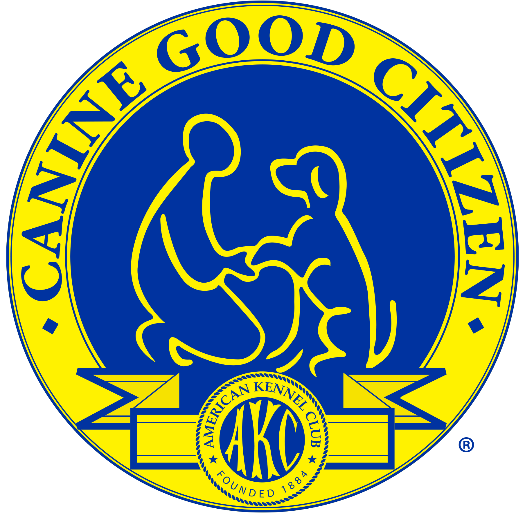 Close-up of the American Kennel Club logo featuring a gold and blue circular emblem with a stylized dog silhouette and the words 'American Kennel Club' and founding year '1884'.