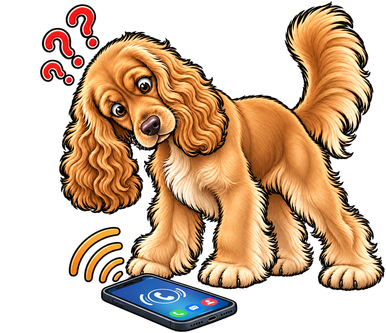 Illustration of a cute, brown, long-haired dog with floppy ears and a curious expression, looking at a ringing smartphone on the floor, with question marks above its head indicating confusion.