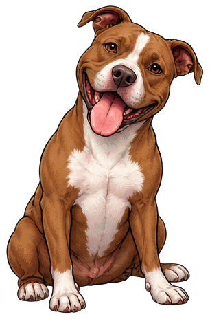A smiling brown and white dog with its tongue out, sitting and facing forward.