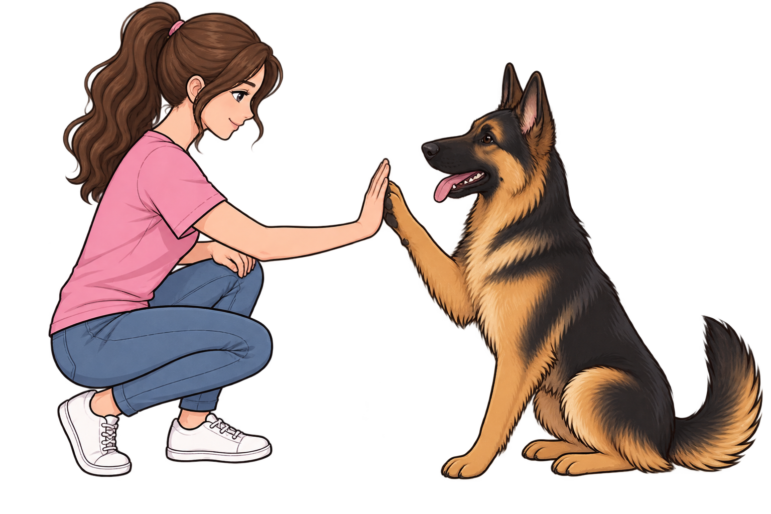 A girl in a pink shirt and blue jeans sits on the ground, giving a high five to a German Shepherd sitting in front of her.
