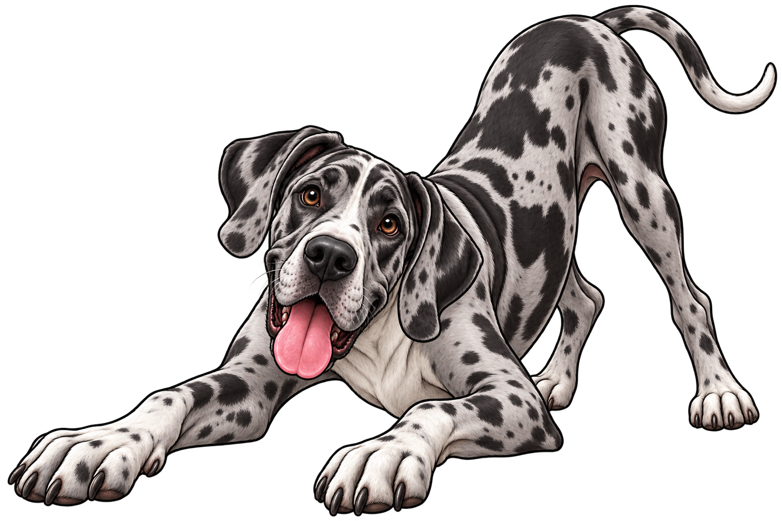 Digital illustration of a playful Great Dane dog lying down with its front paws extended forward, tongue out, and looking at the viewer.
