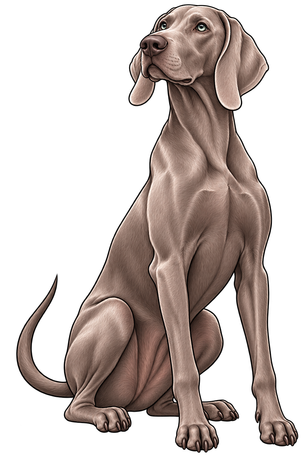 Digital illustration of a sitting Weimaraner dog with a shiny, short gray coat and blue eyes, looking upward.