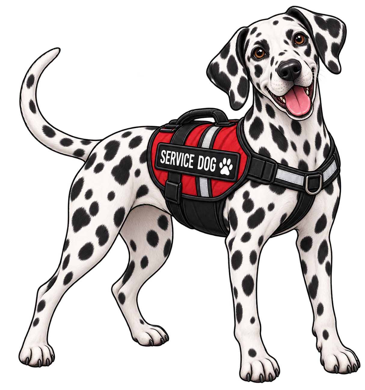 A Dalmatian dog wearing a red and black service dog harness with a patch that reads 'SERVICE DOG' and a paw print icon, standing and smiling.