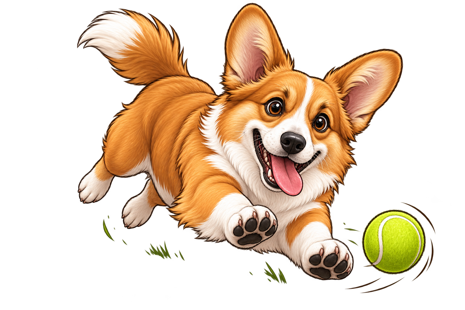Animated image of a happy, energetic corgi dog chasing a tennis ball on the grass.