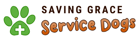 Logo for Saving Grace Service Dogs featuring a green paw print with a medical cross and brown text.