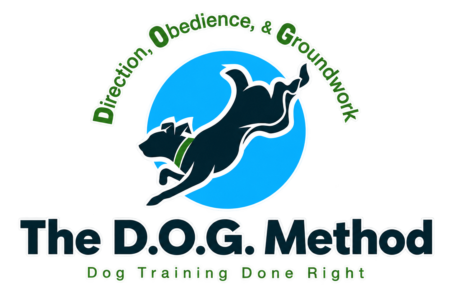 Logo for The D.O.G Method featuring a stylized black dog jumping in front of a blue circle with green and white text that reads 'Direction, Obedience, & Groundwork' at the top and 'Dog Training Done Right' at the bottom.