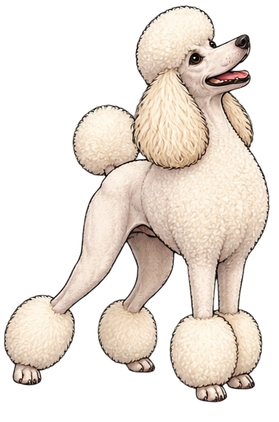 A cartoon poodle with a fluffy white coat and styled hairdo, standing on all fours, with a black background.