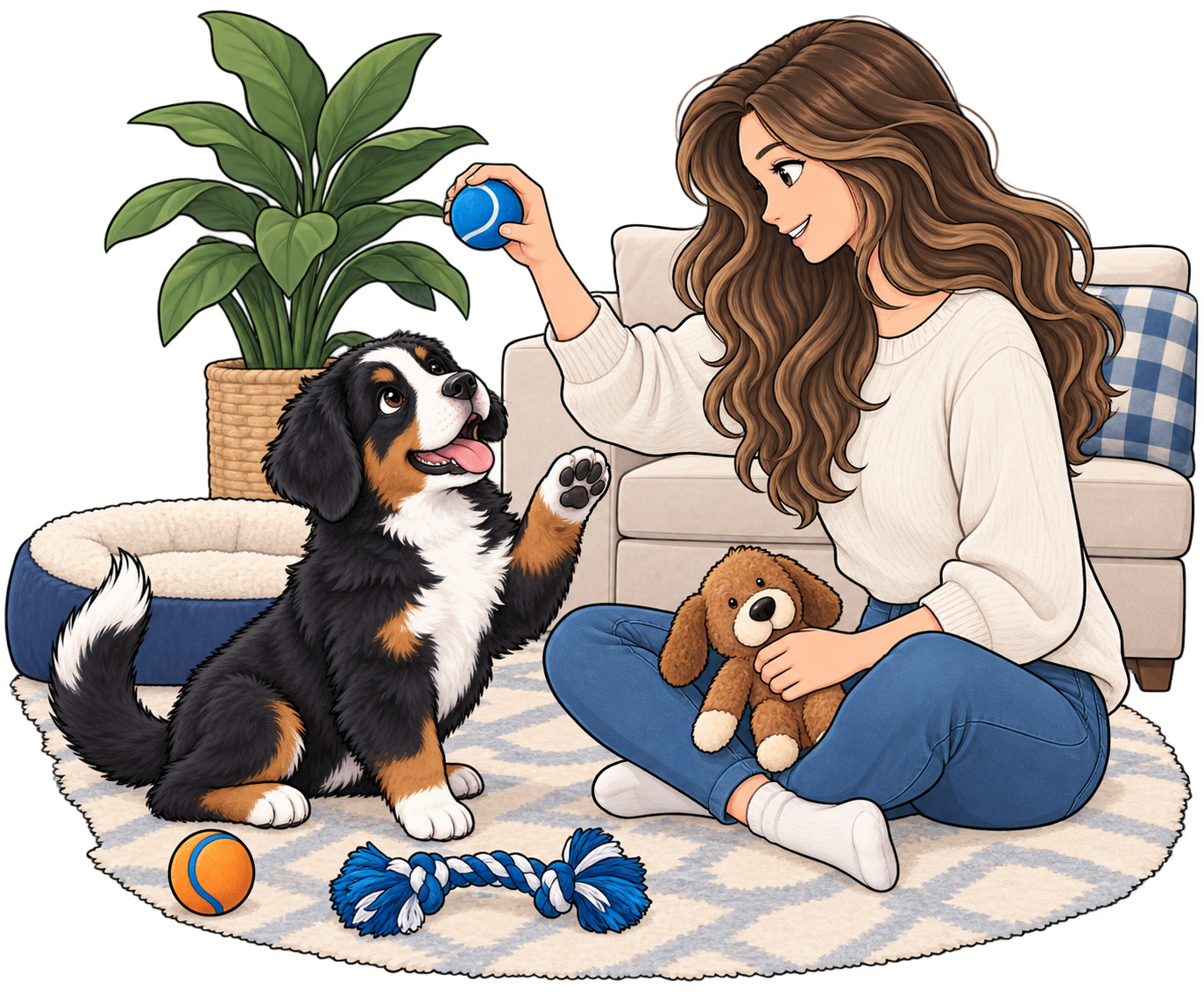 A woman with long wavy brown hair playing fetch with a black, white, and tan puppy inside a cozy living room. The woman is sitting cross-legged on a rug, holding a blue ball, while the puppy is standing on its hind legs with paws on her hand. There is a plush stuffed dog in her lap, a blue and white toy on the floor, a dog bed, a tennis ball, a rope toy, a large potted plant, a beige sofa with a checkered pillow, and a blue checkered blanket in the background.