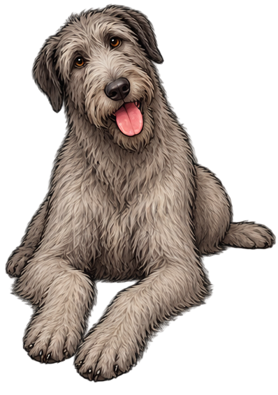 A cute, fluffy gray dog with brown eyes and a pink tongue sticking out, sitting and looking at the camera.