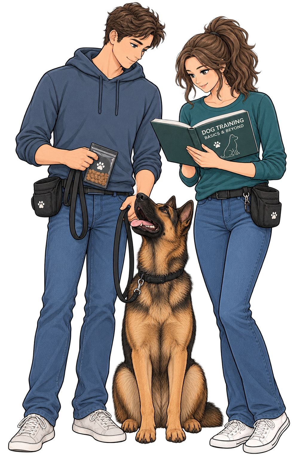 Two young adults, a man and a woman, with a German Shepherd dog, examining dog training materials, including a book titled 'Dog Training Basics & Beyond' and a bag of treats.
