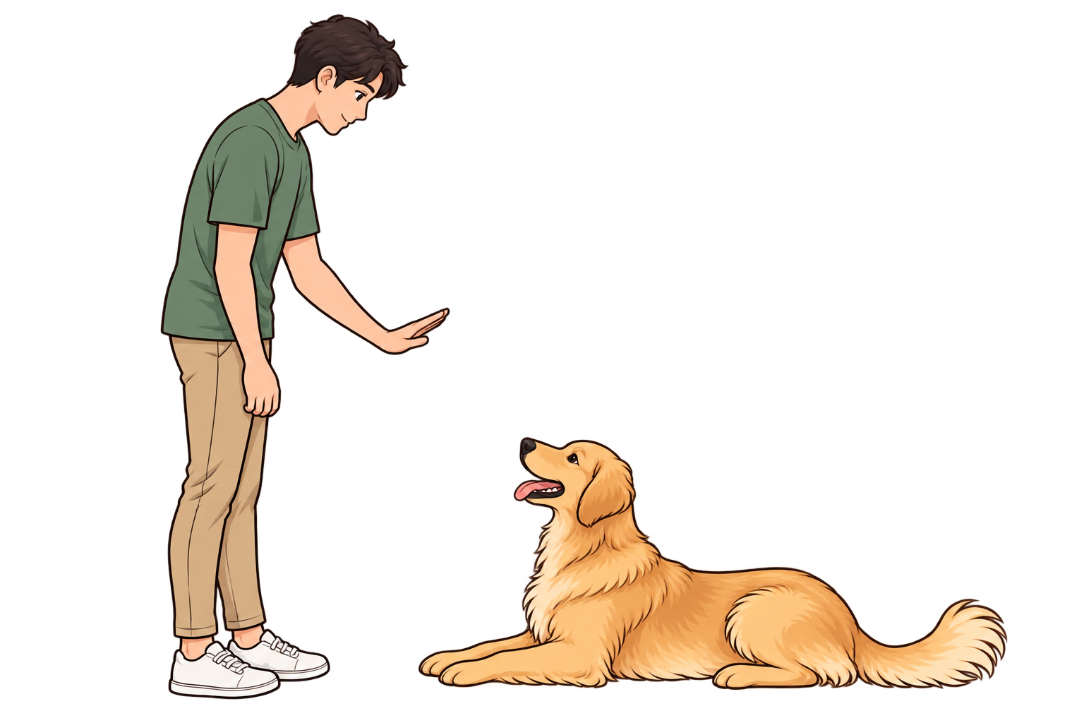 A young man in a green shirt and beige pants standing with his hand extended towards a sitting golden retriever dog, inside a room with dark brown and blue background.