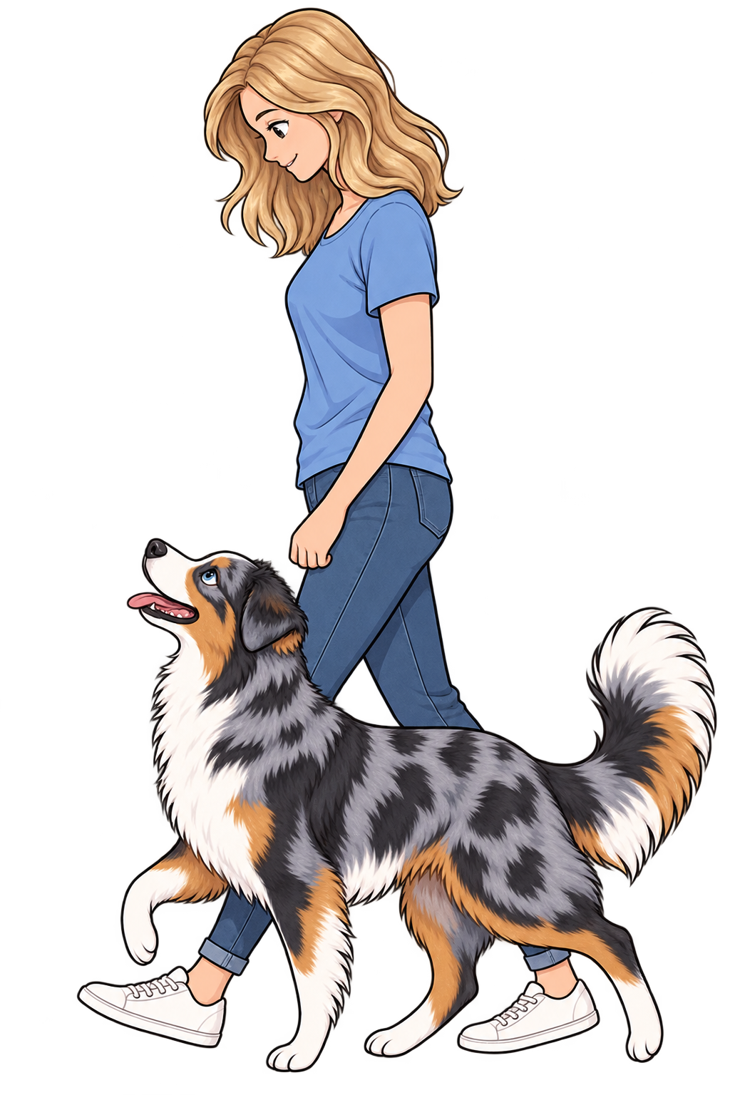 A young woman walking with an Australian Shepherd dog on a leash