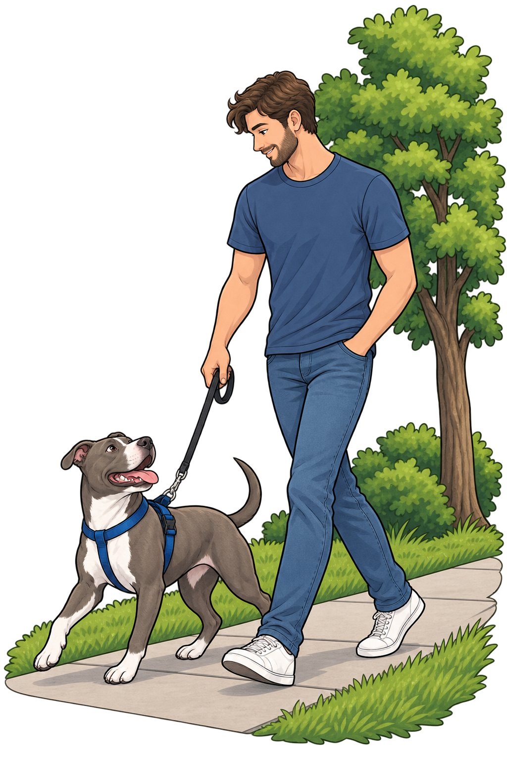 A man walking a dog on a sidewalk in a park with green trees and grass.