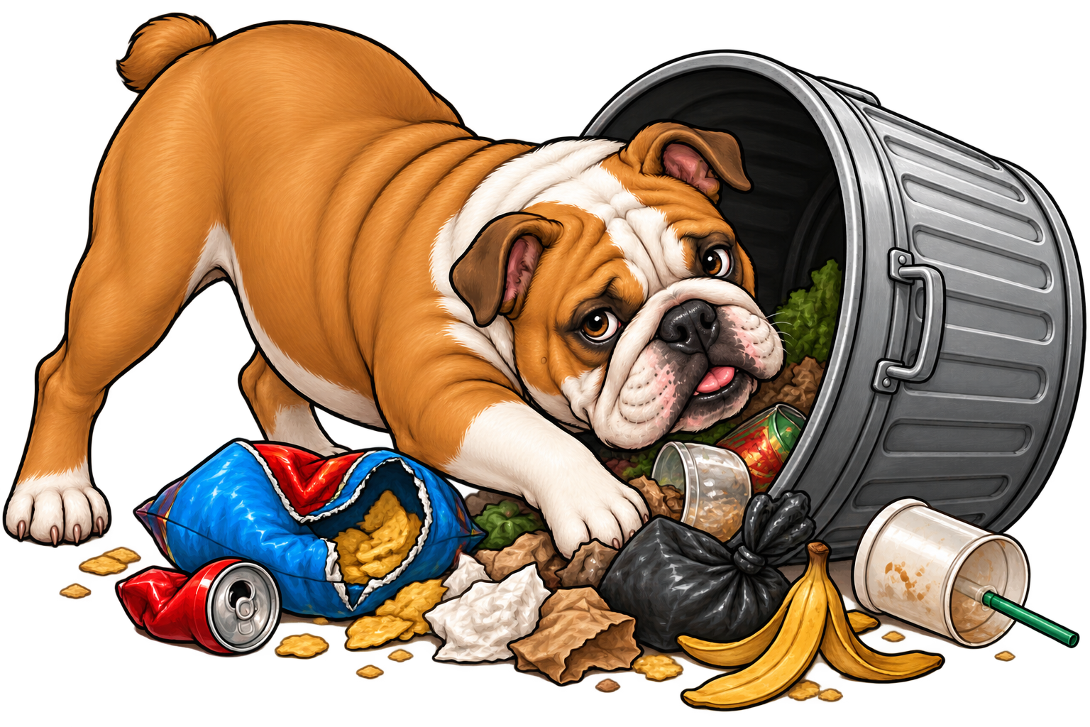 A bulldog amidst trash and food, scavenging from an overflowing garbage can.