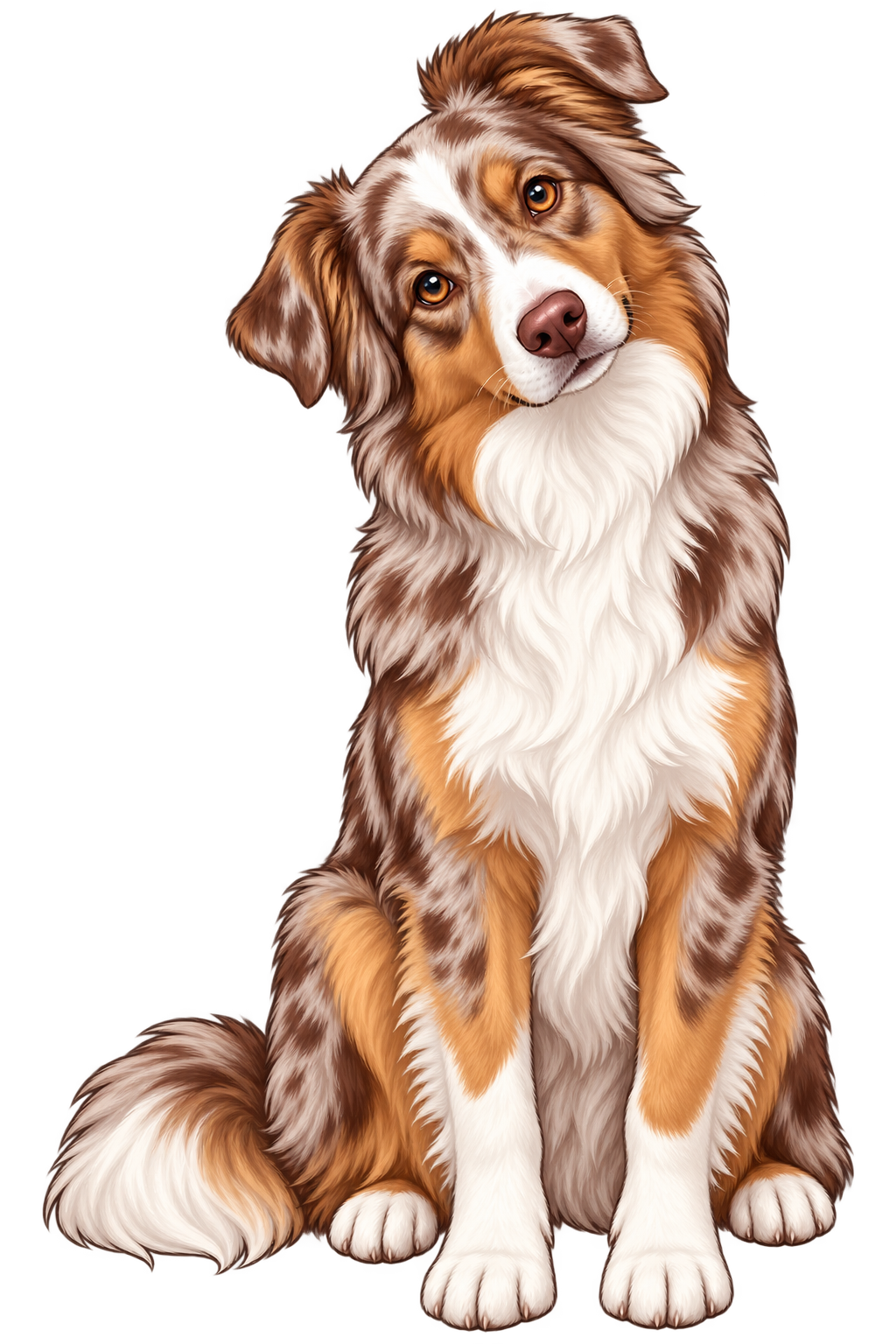 Digital illustration of a happy, sitting dog with a fluffy coat and multicolored fur, looking at the viewer.