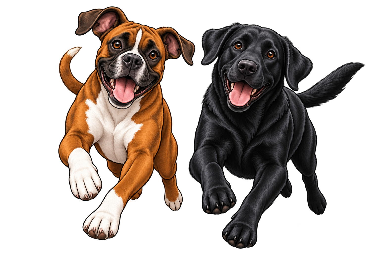 Two playful dogs, one brown and white and the other black, running towards the camera with happy expressions.