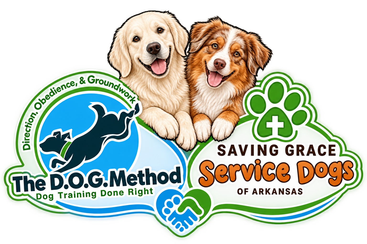 Two happy adorable service dogs, a golden retriever and Australian shepherd, sit together above logos and text that promote obedience training and veterinary care for service dogs in Arkansas.