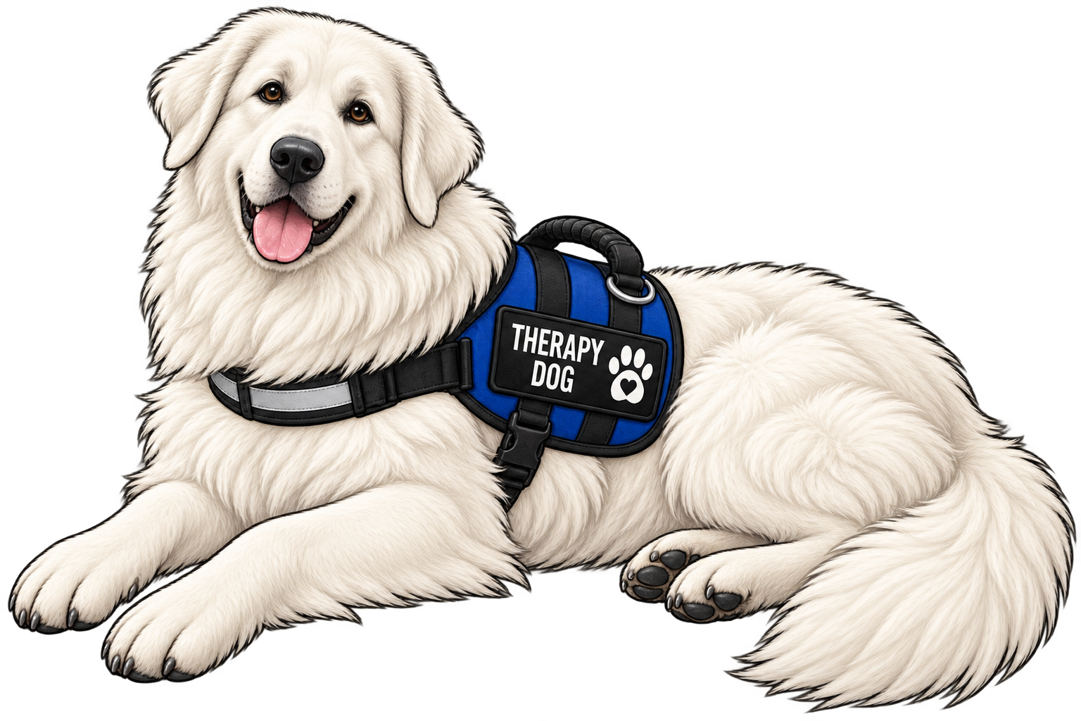 A happy, white therapy dog with a blue vest labeled 'THERAPY DOG' and a paw print emblem, lying down.