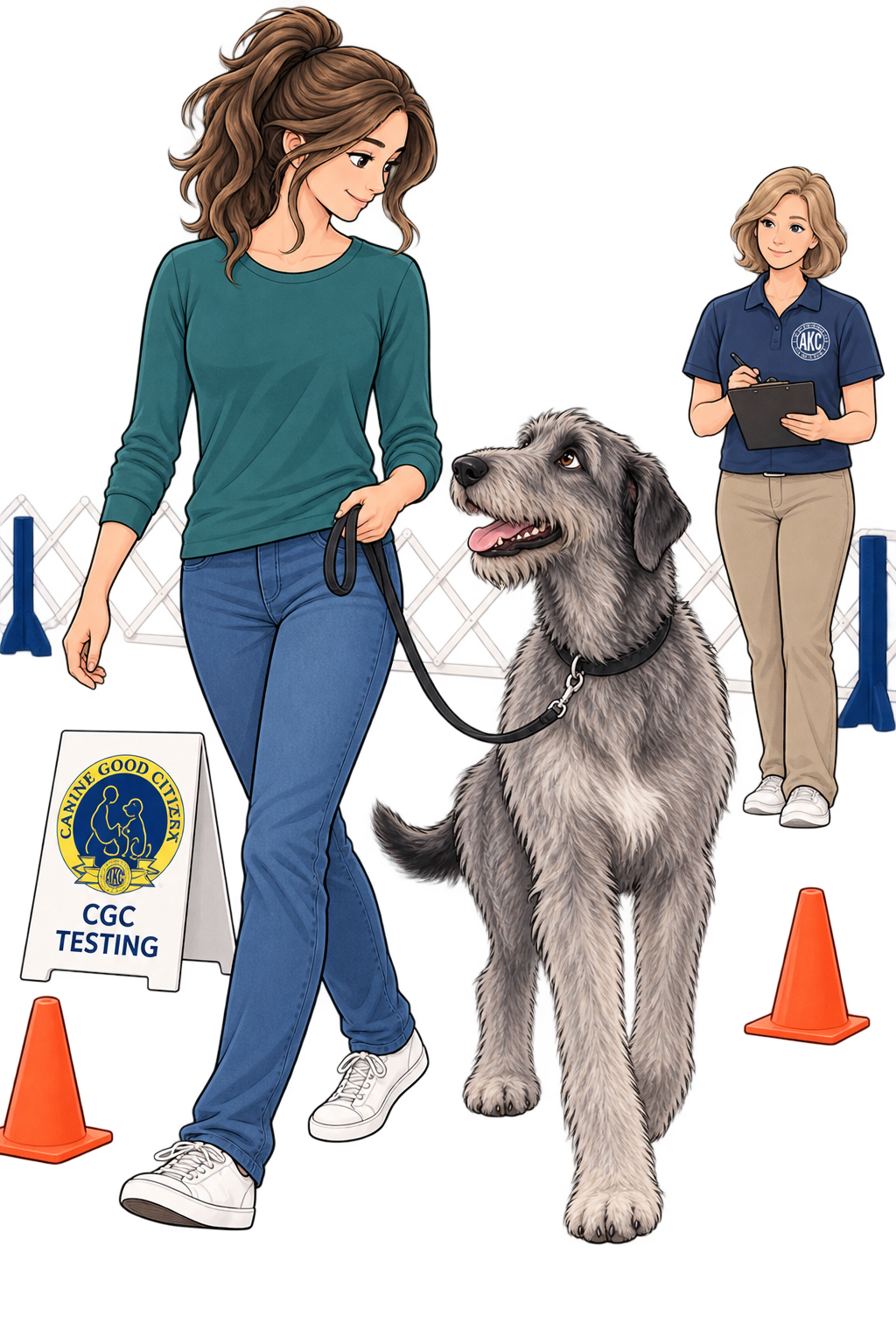 A woman walking a dog at a CGC dog training or testing event, with a handler in a uniform standing nearby holding a clipboard.
