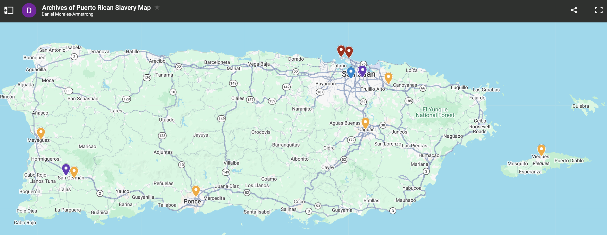 Map of Puerto Rico titled 'Archives of Puerto Rican Slavery Map' with various colored markers indicating historical locations, including San Juan, Mayaguez, Ponce, San German, Vieques, and others.