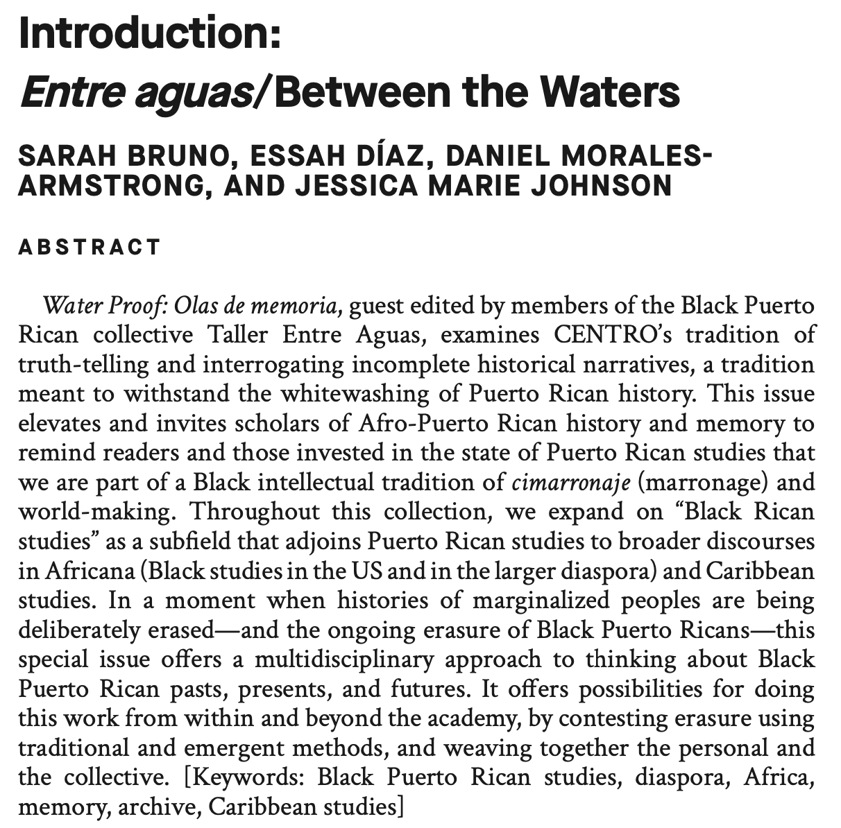 Page of an academic publication with the title 'Introduction: Entre aguas/Between the Waters' and author names Sarah Bruno, Essah Díaz, Daniel Morales-Armstrong, and Jessica Marie Johnson. The page contains an abstract discussing Black Puerto Rican history, memory, and literature.