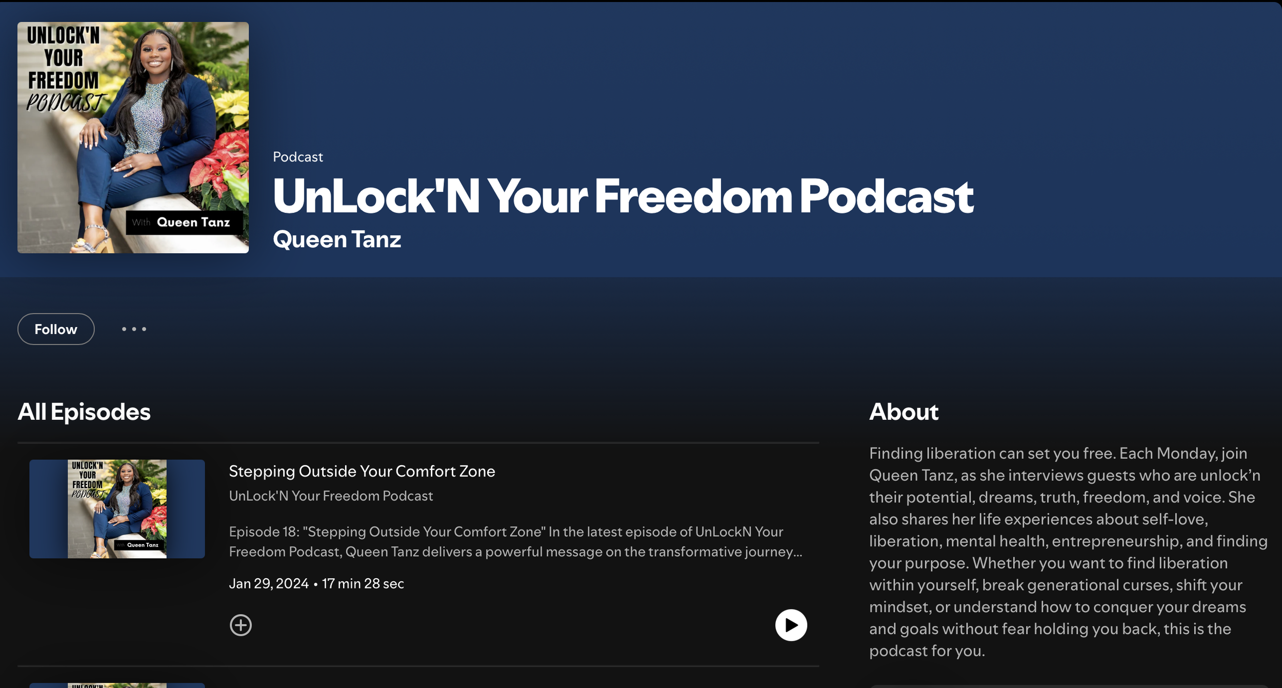 Podcast cover image featuring Queen Tanz sitting outdoors near poinsettia plants, wearing a blue suit and yellow shoes, with the title 'Unlock'N Your Freedom Podcast' in bold black and yellow text.