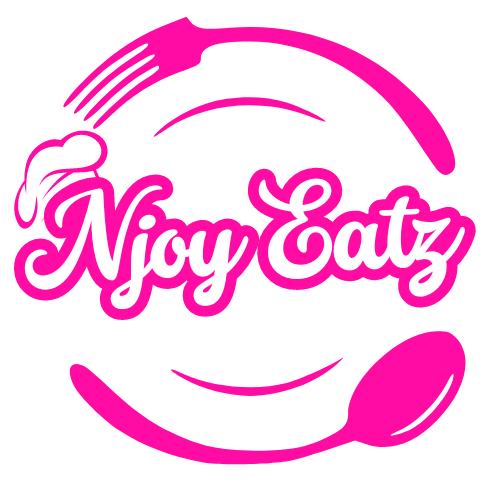 Logo for Njoy Eatz with pink text and a pink spoon and stylized knife and fork on a black background.