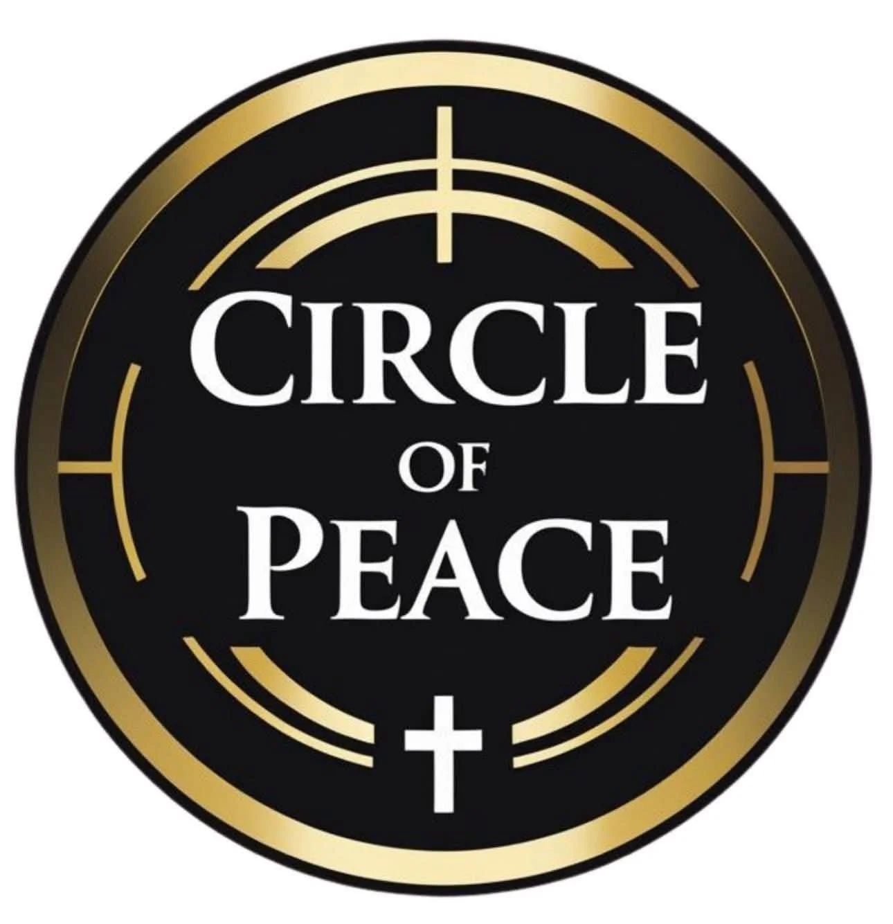 A circular logo with black background and gold border, featuring a cross at the bottom and a target-like design at the top, with the words "CIRCLE OF PEACE" in white capital letters in the center.