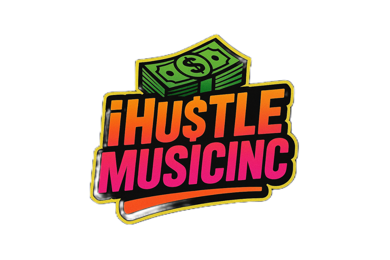 Logo with stylized green stack of money above the words ''HUSTLE MUSICINC'' in gradient orange and pink text, outlined in yellow on a black background.