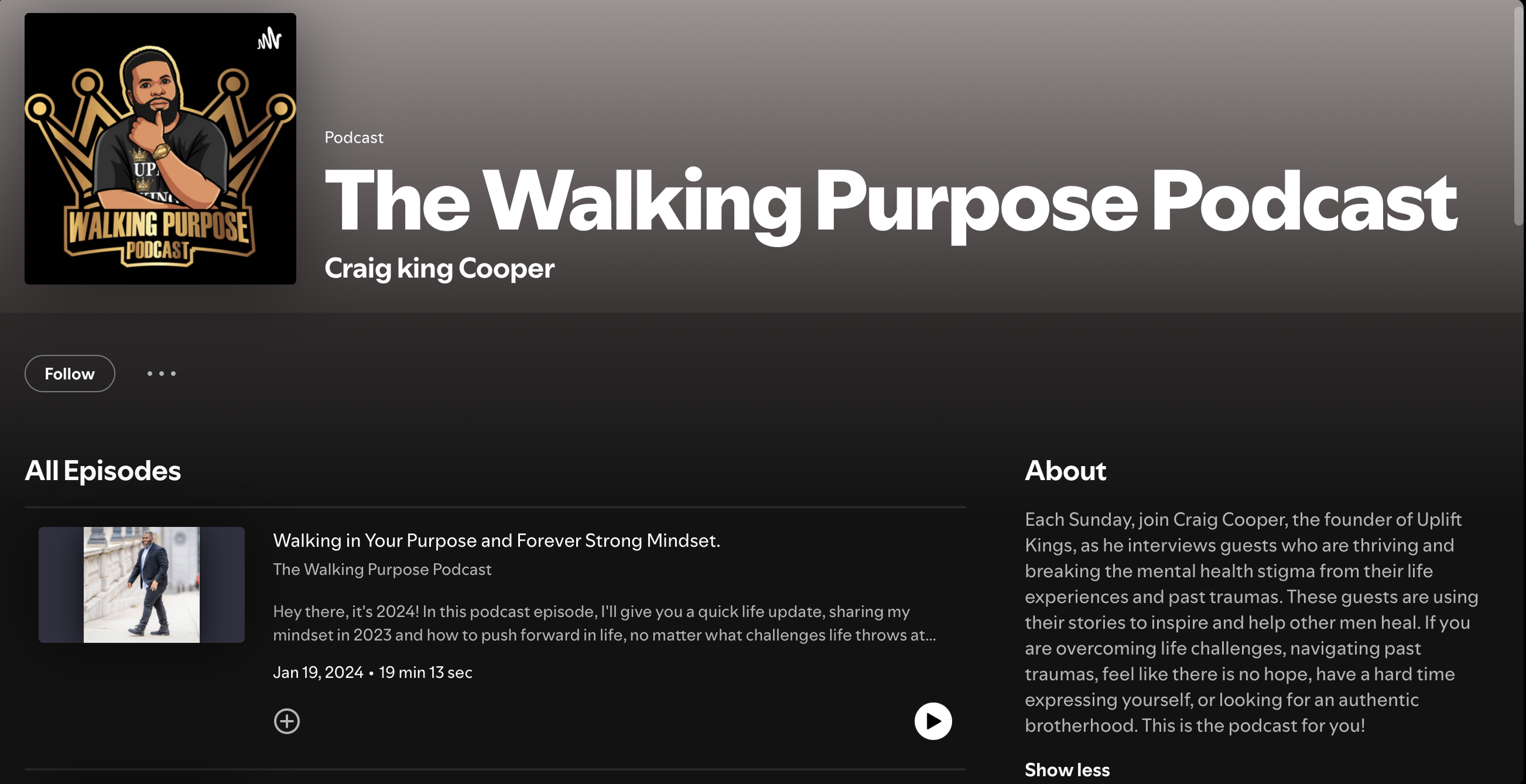 Podcast cover image with a man with a beard and black shirt, standing in front of a crown and black background. The text reads 'The Walking Purpose Podcast' by Craig King Cooper.