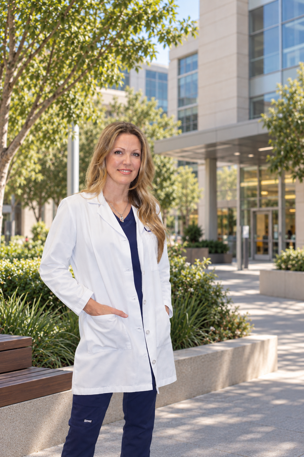A female healthcare professional in a white lab coat standing outdoors near a modern building and green trees.