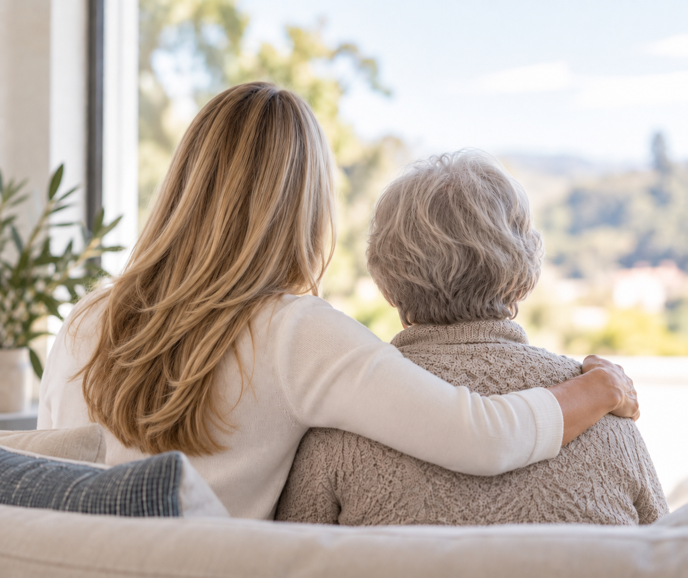 A woman with long blonde hair sitting on a couch with an elderly woman with short gray hair, both facing a large window overlooking a scenic landscape.