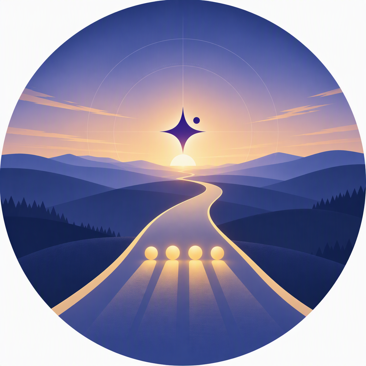 A digital illustration featuring a starry night sky above a mountain range with glowing orbs and lines connecting them, suggesting a celestial or spiritual map with a prominently bright star at the top.