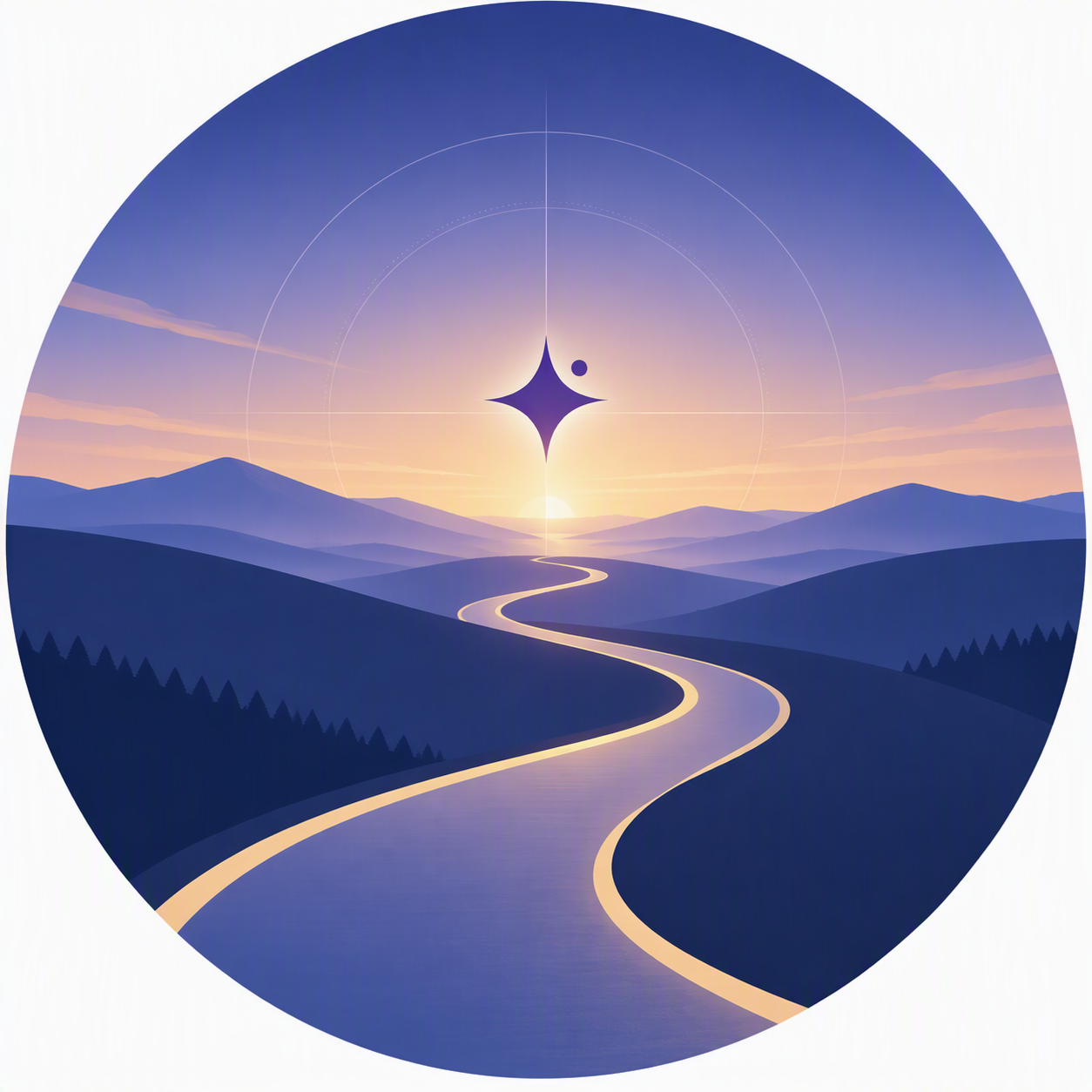 A majestic mountain landscape during sunrise with snow-capped peaks and a winding illuminated path leading to a glowing star-shaped light source in the sky, surrounded by clouds and distant mountain ranges.