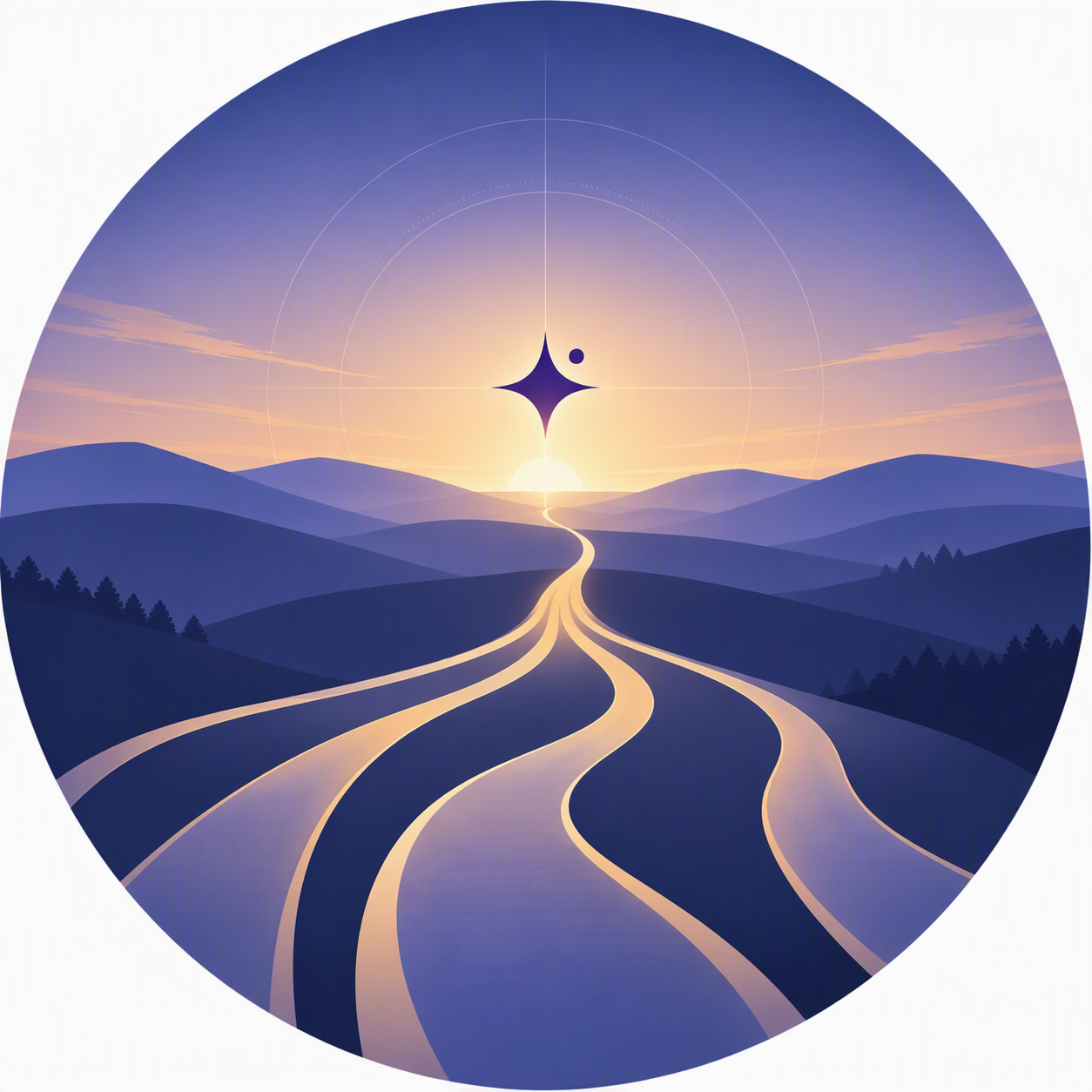 A surreal digital illustration of a starry night sky with geometric glowing shapes, connected by lines, above a mountainous landscape with a winding river.