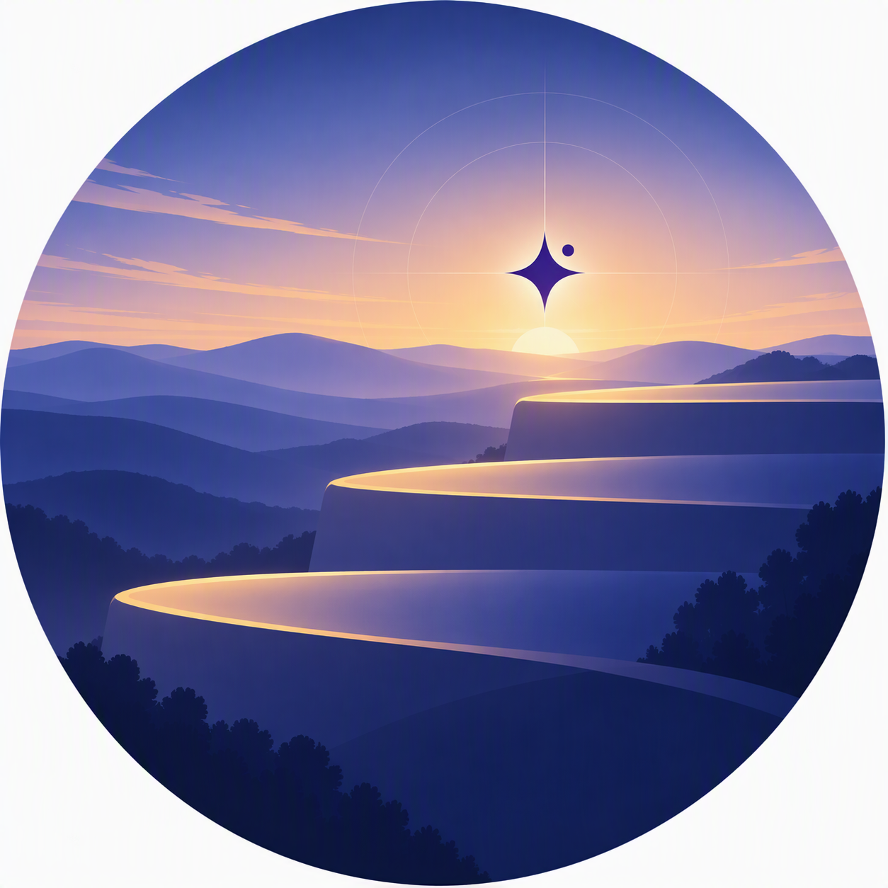 A surreal landscape with a glowing, winding pathway leading to a luminous celestial symbol in the sky, over mountains and forests at sunrise or sunset.