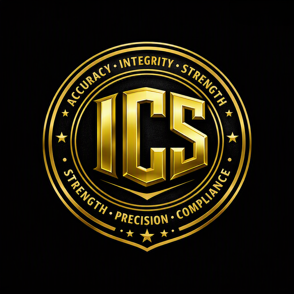 A gold and black circular emblem with the initials "ICS" in the center. Surrounding the initials are the words "Accuracy," "Integrity," "Strength," "Precision," and "Compliance." The design has a shiny, metallic appearance on a black background.