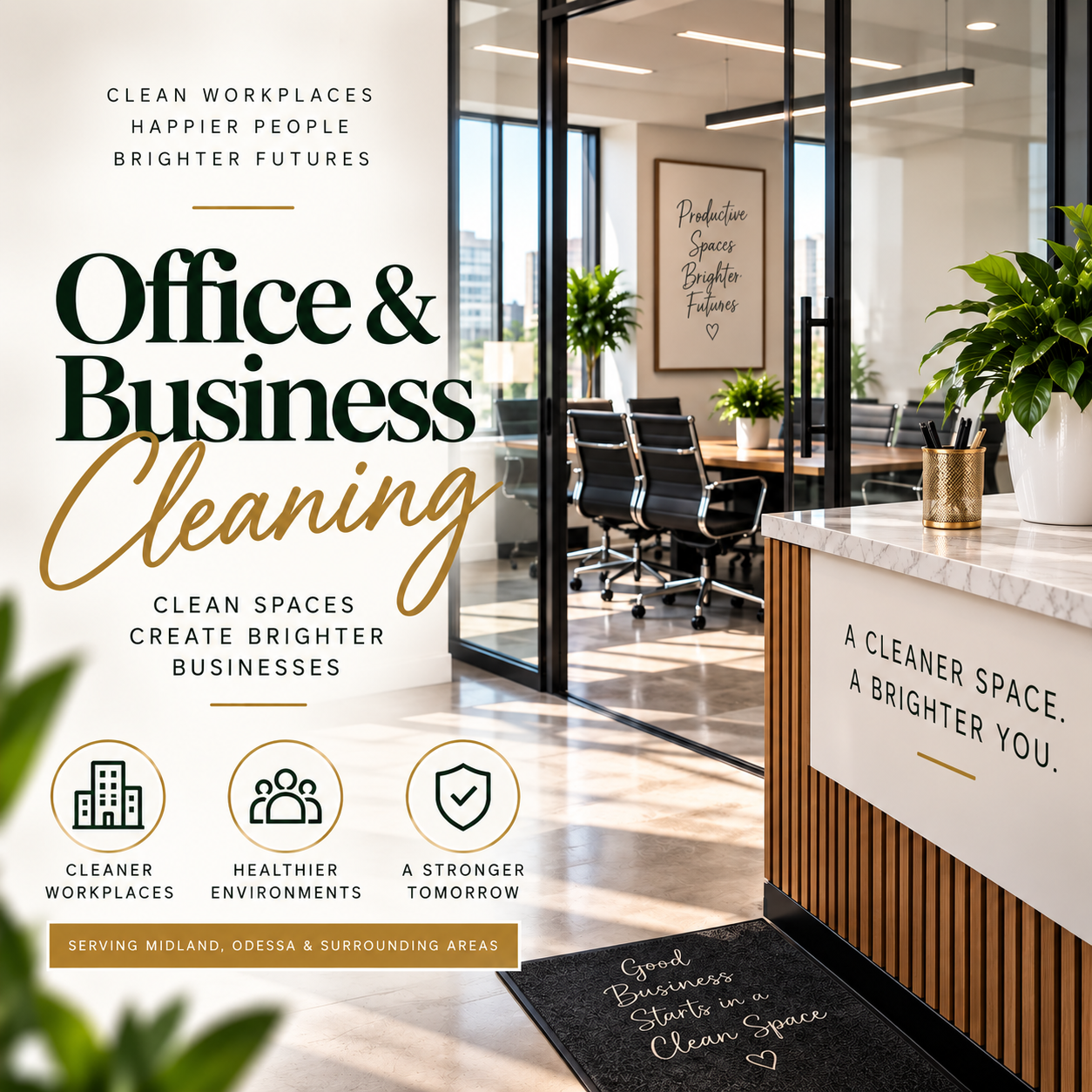 An office lobby promoting office and business cleaning services with a modern reception desk, potted plants, and a conference room visible through glass walls.