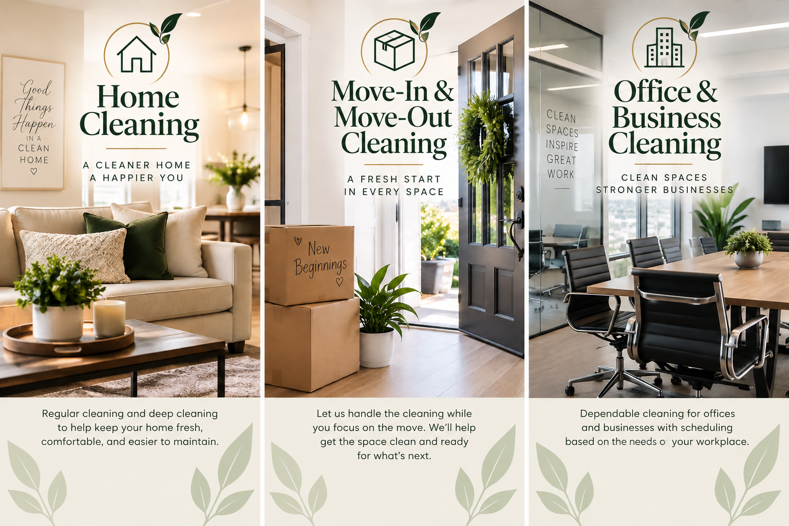 Three images advertising cleaning services. The first shows a living room with a beige sofa, pillows, and plants with the text "Home Cleaning" and a description about regular cleaning. The second shows an open door with planters and boxes labeled "New Beginnings," with the text "Move-In & Move-Out Cleaning" and a description about helping with move-related cleaning. The third shows an office conference room with tables and chairs, with the text "Office & Business Cleaning" and a description about cleaning for offices and businesses.