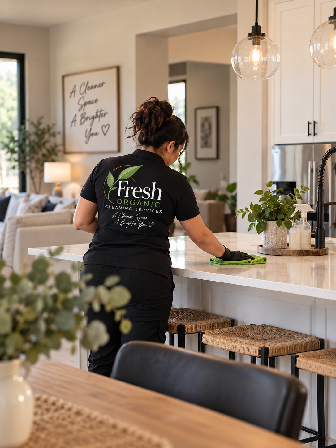 A woman cleaning a kitchen counter in a modern, well-lit home. She is wearing a black shirt with green leaves and the words "Fresh Organic Cleaning Services" printed on the back. The kitchen has white cabinets, hanging pendant lights, a potted plant, and a sign on the wall that reads "A Cleaner Space, A Brighter You".